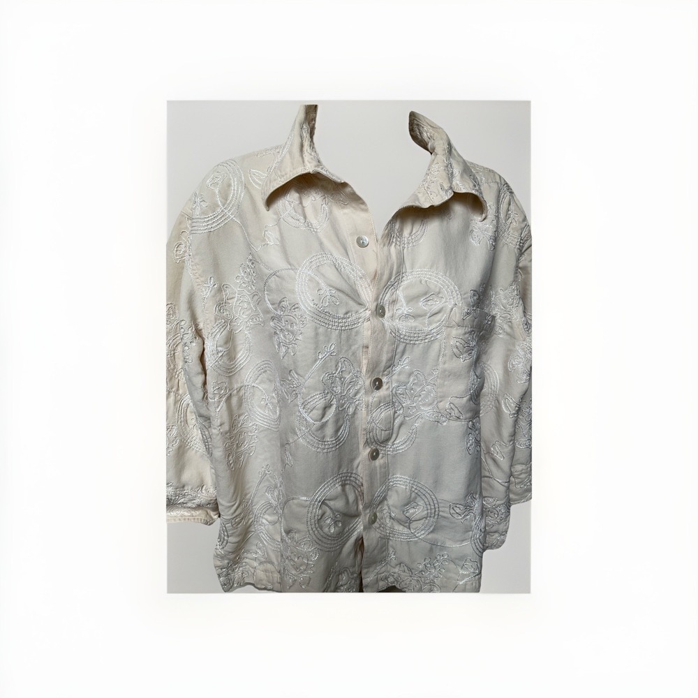 Chicos Size 3 Silk Top Cropped Ivory Embroider 3/4 Sleeve Cottagecore Beachy Art